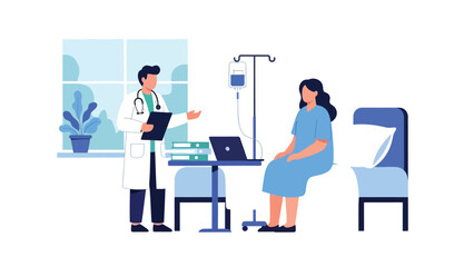 Doctor consulting with patient at desk in modern flat clinic setting. Clean vector illustration for healthcare, diagnosis, medical advice, and professional services
