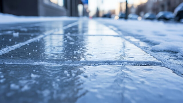 Frozen urban sidewalk shows clear winter hazard, smooth transparent ice covering uneven pavement. Dangerous frozen urban sidewalk creates treacherous conditions.