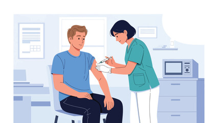 Nurse giving injection to patient in a clean medical room. Modern flat vector illustration for vaccination, immunization, and healthcare materials