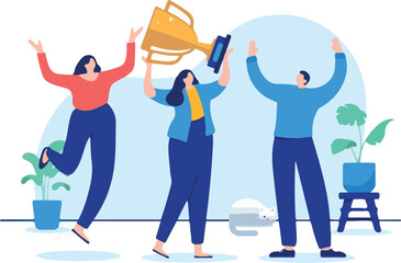 Business winners - Team of happy people winning trophy cup and celebrating in office. Flat design cartoon illustration with white background