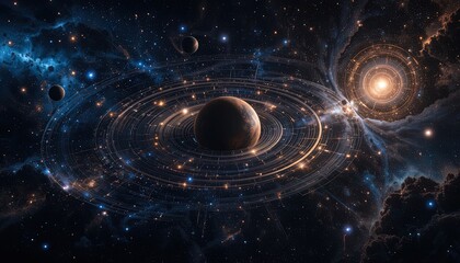 Stunning cosmic scene showcasing planets with rings amid a vibrant nebula, perfect for science fiction concepts or educational astronomy materials