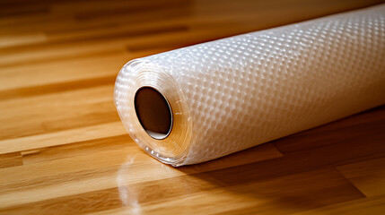 A roll of translucent bubble wrap with a brown cardboard core laying on a shiny, wood-look floor. Close-up perspective, illuminating the texture and surface reflections.