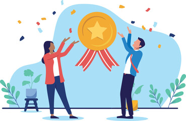 Business winners - Two businesspeople celebrating winning and earning medal badge emblem for being great at work. Excellence and quality concept in flat design vector illustration on white background