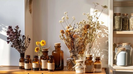 Sunlight illuminates dried flowers, apothecary bottles, and jars on a wooden shelf, creating a cozy ambiance