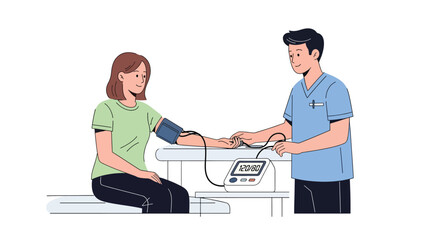 Doctor checking blood pressure in clean clinical setting. Flat medical vector ideal for wellness, diagnosis, and routine check-up materials