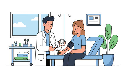 Doctor checking blood pressure in clean clinical setting. Flat medical vector ideal for wellness, diagnosis, and routine check-up materials