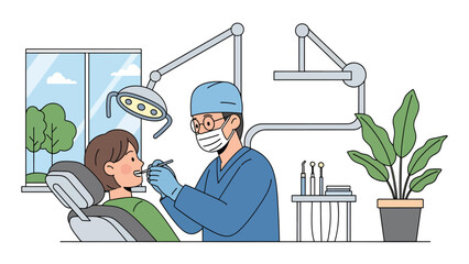 Dentist examining patient’s teeth in modern dental clinic. Flat vector illustration for oral care, dentistry, and medical services