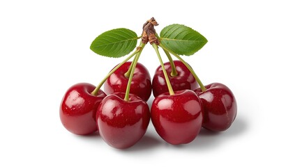 Fresh, ripe red cherries with green leaves arranged on a clean white background
