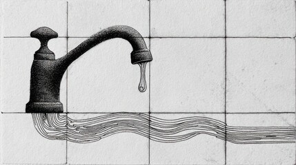 Intricate line art illustration of a faucet with flowing water against a tiled backdrop