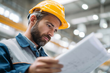 A man wearing a yellow hard hat is reading a paper