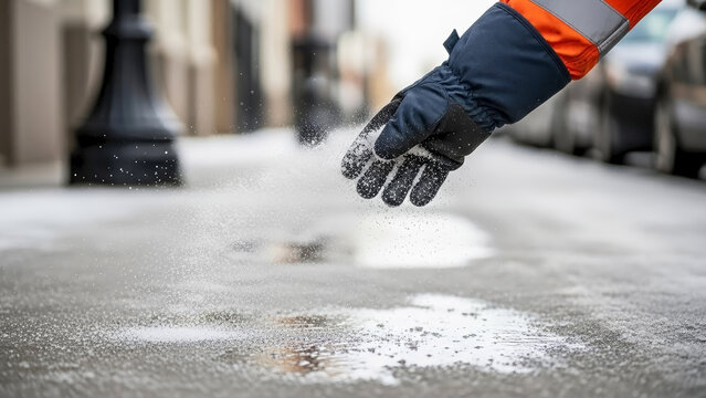 Utility worker hand spreading de-icing materials on icy sidewalk pavement. Worker wears safety jacket, warm gloves, applying granular de-icing materials for melting ice, preventing slips.