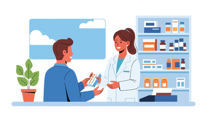 Pharmacist handing medicine to customer in clean pharmacy interior. Flat vector illustration for medication, drugstore, and health products