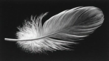 Obraz premium Close-up of a single, soft, white feather against a stark black background