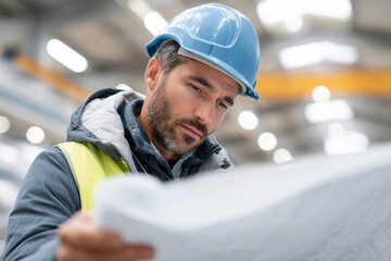 A man wearing a blue hard hat is looking at a piece of paper