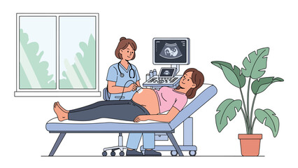 Doctor performing ultrasound scan for pregnant woman in maternity clinic. Flat vector illustration for pregnancy care and maternal health