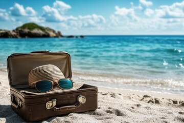 Suitcase with a hat and sunglasses by the beach near clear blue water and rocks on a sunny day. Concept of travel sales and beach holiday