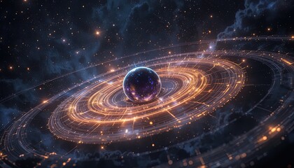 Stunning cosmic sphere surrounded by glowing rings and twinkling stars, ideal for space exploration, futuristic tech, and innovative scientific research projects