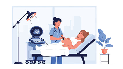 Doctor performing ultrasound scan for pregnant woman in maternity clinic. Flat vector illustration for pregnancy care and maternal health