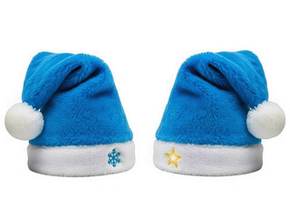 Pair of bright blue santa hats with snowflake and star emblem