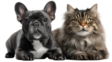 Adorable dark french bulldog puppy and fluffy longhaired tabby cat posing together with intense gazes against a stark for pet product advertising