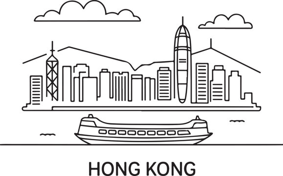 Continuous Line Art of Hong Kong Skyline with Star Ferry Minimal Outline Illustration