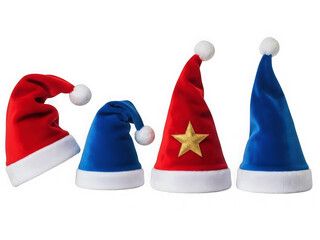 Four festive hats, red and blue, with white brims and pompom