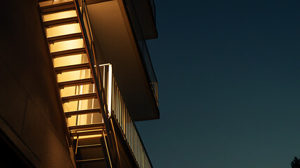 Twilight Ascend: A ladder glows against a building at dusk, hinting at urban exploration and architectural curiosity under a darkening sky. Evokes mystery.