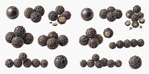 Collection of black peppercorns, whole and cracked, isolated on a transparent background for culinary use.