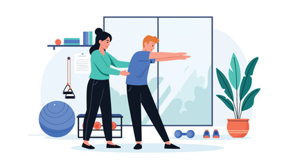 Physiotherapist guiding patient through stretching exercise in therapy room. Flat vector illustration for rehabilitation, recovery, and physical therapy