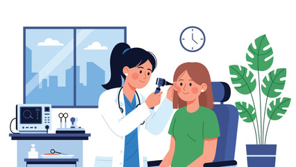 Doctor checking patient’s ear with otoscope. Flat vector illustration for ear examination, diagnosis, ENT services, and modern healthcare