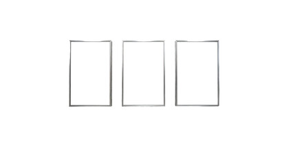 Three illuminated rectangular screens on a black background, with thin frames