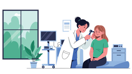Doctor checking patient’s ear with otoscope. Flat vector illustration for ear examination, diagnosis, ENT services, and modern healthcare