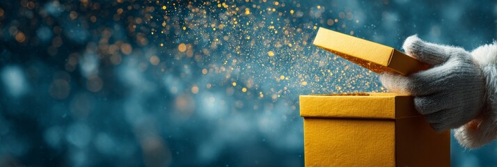 Luxury holiday gifting concept with white-gloved hand opening sparkling gold present box on blue bokeh background, ideal for Christmas, New Year, and festive marketing campaigns