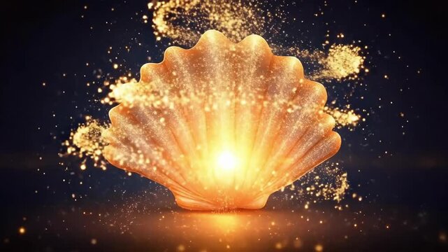Glowing golden seashell with sparkling particles on dark background