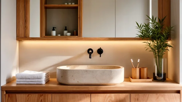 Minimal spa-like bathroom detail with plant and soft towels