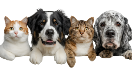 Four adorable pets including two dogs and two cats peeking over a white surface against a stark for veterinary promotion