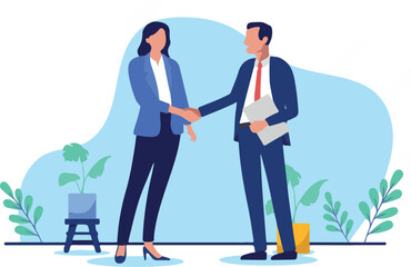 Businessman and businesswoman handshake - Man and woman shaking hands over deal and agreement in office smiling and greeting. Flat design vector stock illustration with white background.