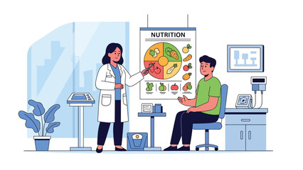 Dietician giving nutrition advice with food chart. Flat vector illustration for healthy eating, wellness consultation, and diet planning