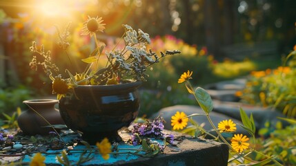 Sunlit garden scene. Close-up on dried flowers in a pot, path leading to bokeh background
