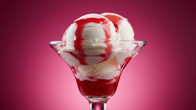 Ice cream sundae with red strawberry syrup dessert in glass cup