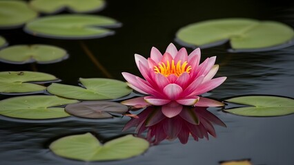 Vibrant pink water lily flower blooming on dark water surrounded by green lily pads