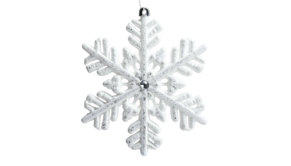 Isolated, shimmering white snowflake ornament with six intricate symmetrical points, against black