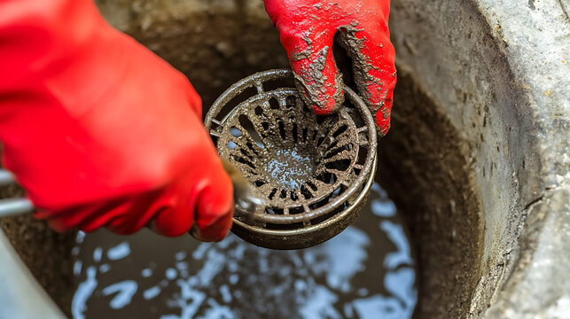 Close-up shot of gloved hands extracting a dirty drain strainer, revealing murky water. Maintenance is underway to clear blockages for smooth flow; sanitation is important.