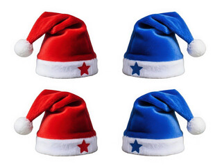 Festive red and blue santa hats with stars and pompoms