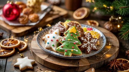 Christmas cookies and gingerbread decorated with colored icing on the background of Christmas decorations.