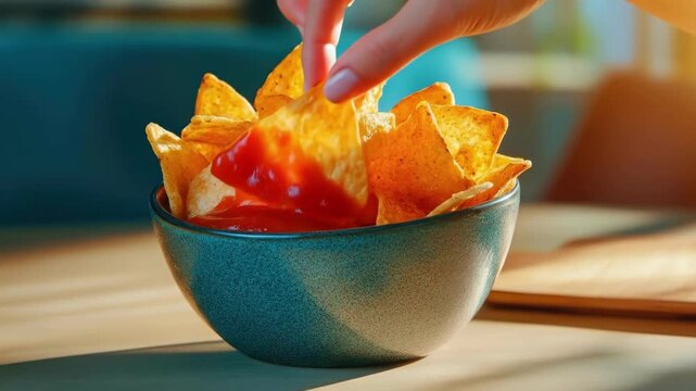 Bowl of crispy nacho chips with spicy salsa on a sunlit table