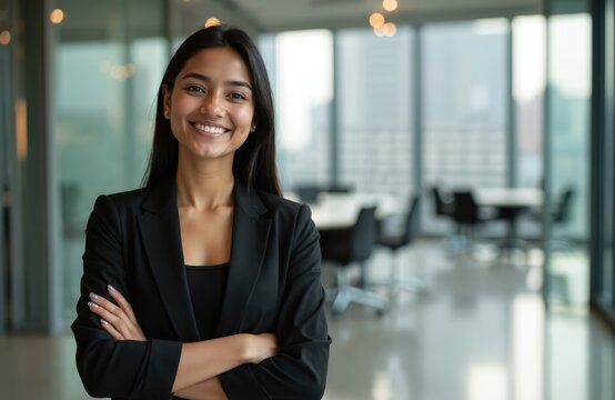 Young asian businesswoman in black blazer smiles with arms crossed. Confident indian female pro in modern office. Woman with long dark hair standing in corporate workspace with glass walls.