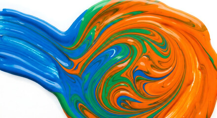 Thick blue orange and green acrylic paint mixing in abstract swirl pattern