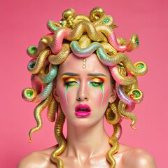 Medusa Gorgon Crying With Holographic Tears in Vibrant Colors Against a Pink Background