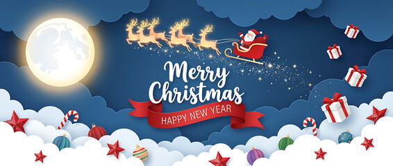 Winter christmas composition in paper cut style.Merry Christmas text Calligraphic Lettering and Santa Claus on the sky Vector illustration.